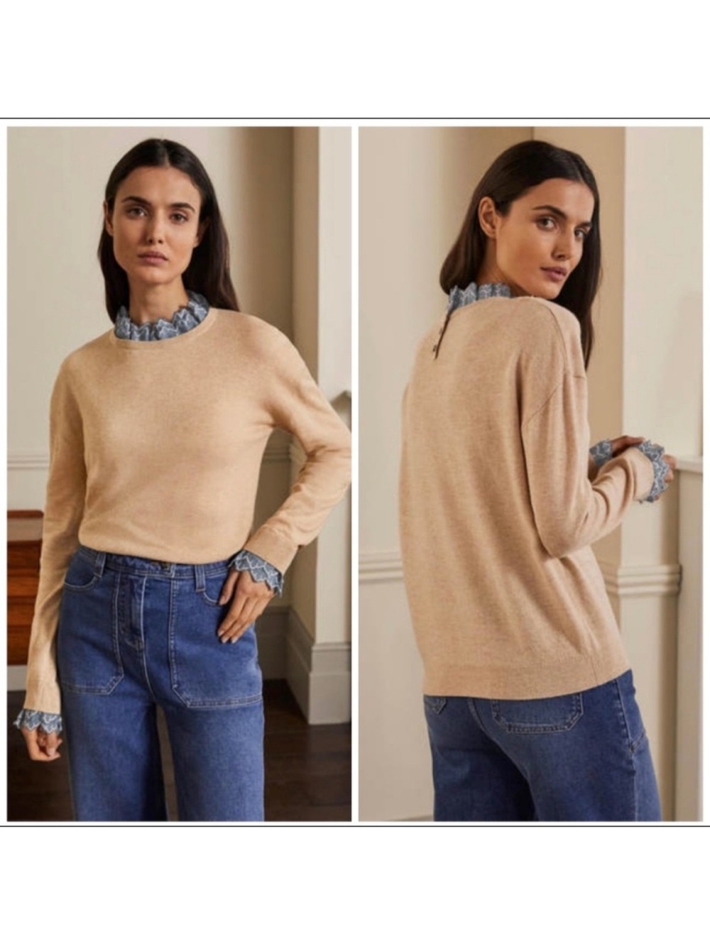 Boden Lydia Woven Frill Cashmere Blend Beige Sweater Size 14 - Picture 1 of 15